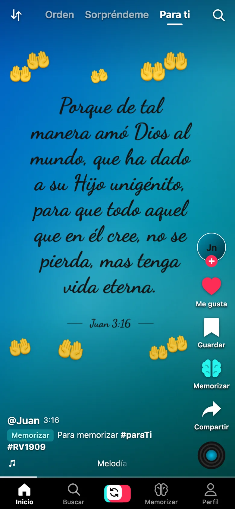 Juan 3:16 en Biblia Flow, pantalla principal
