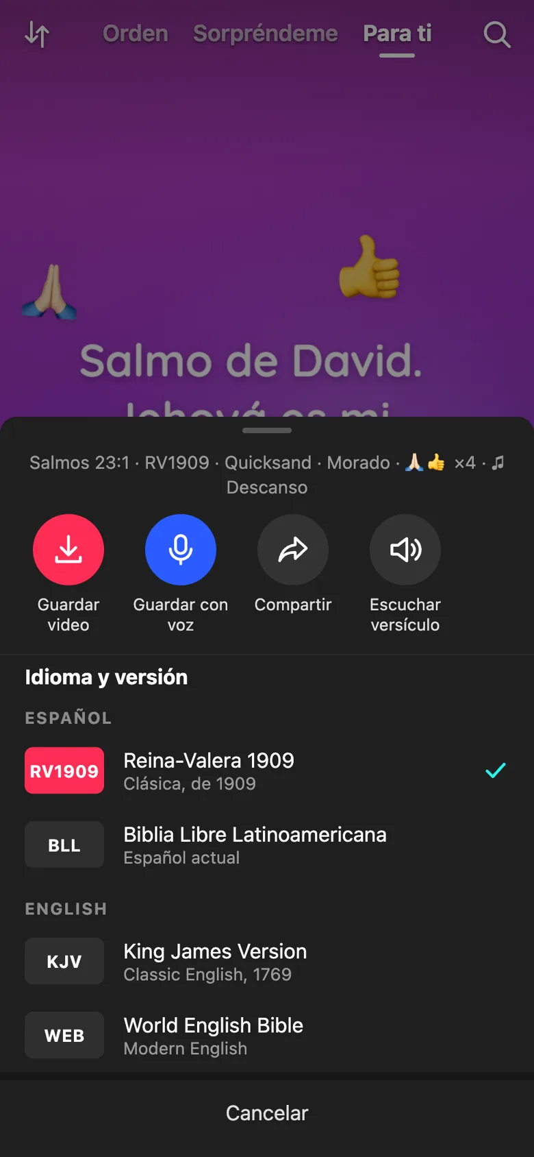Menú al mantener presionado con el selector de idioma y versión