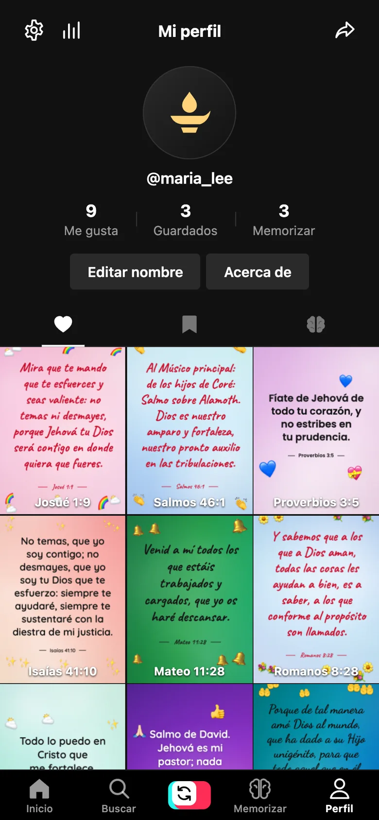 Perfil con me gusta, guardados y memorizar